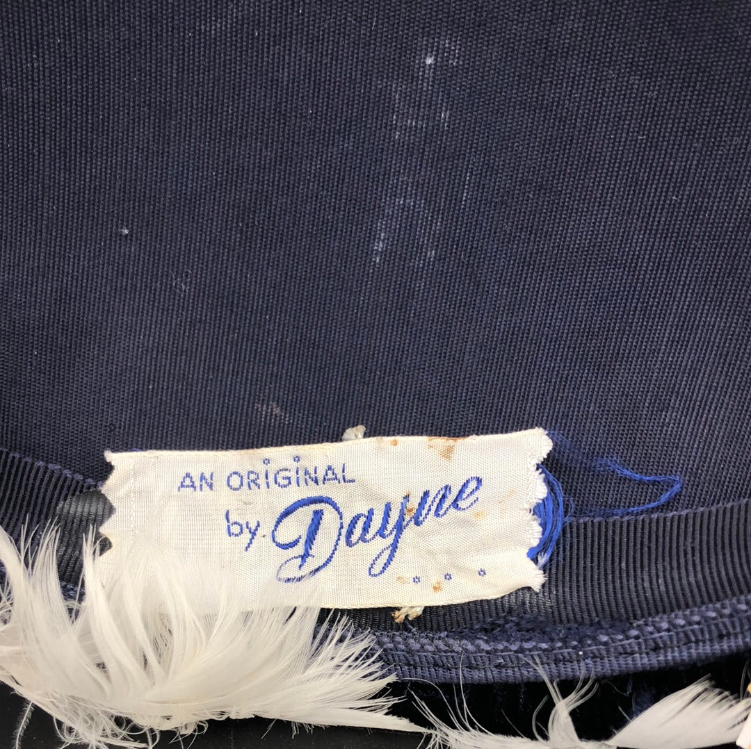 Blue velvet hat with White feather edge