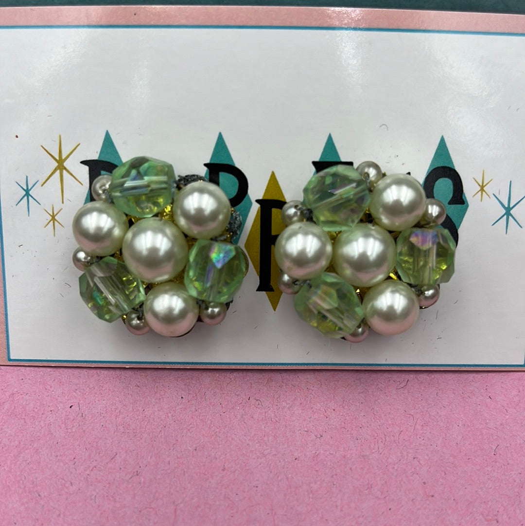 Green and White bead cluster clip on earring