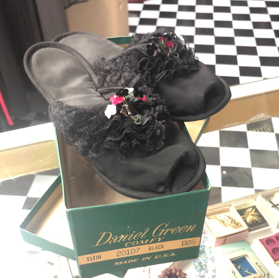 Black satin slide on house slippers