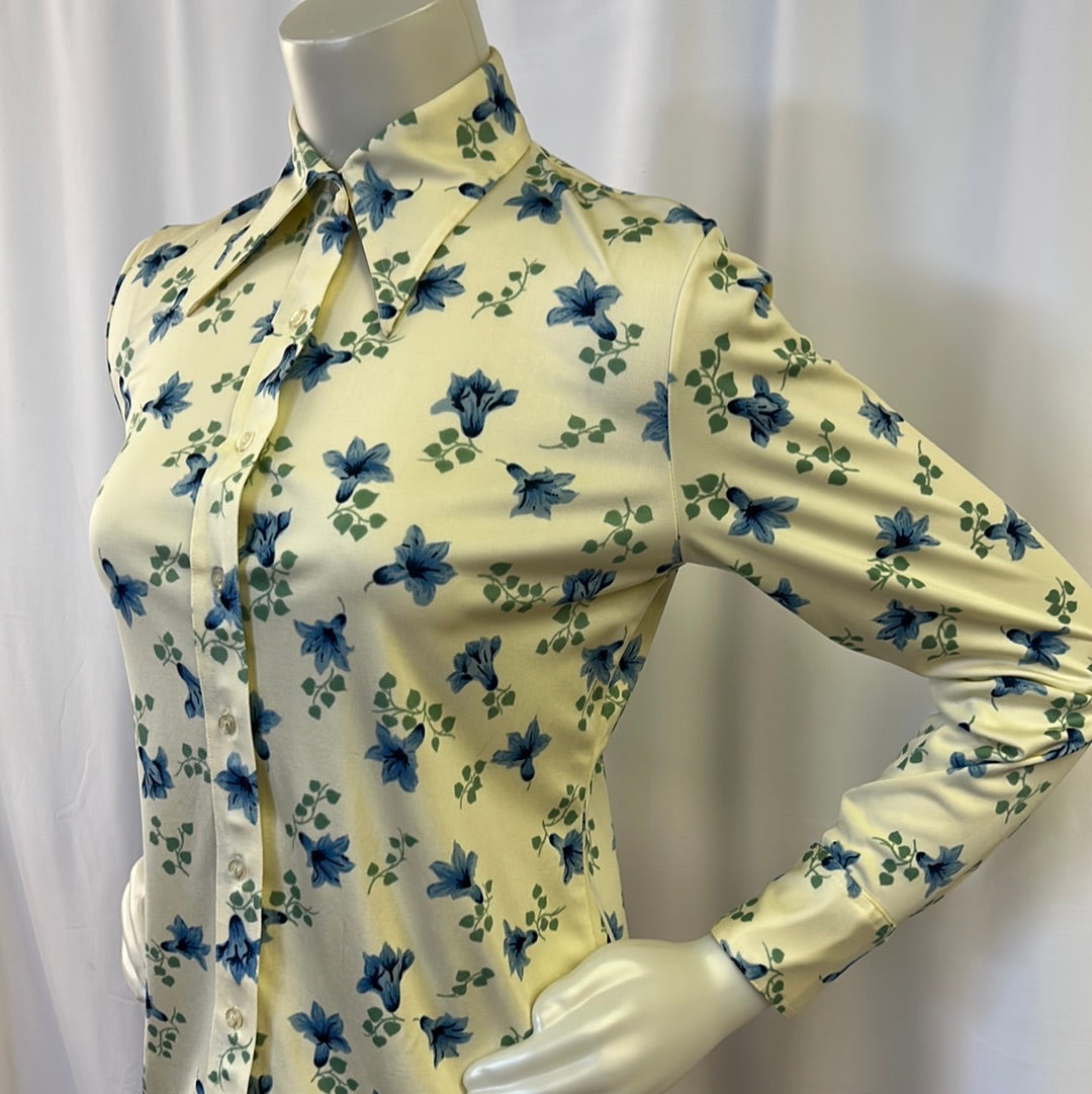 70s Pastel Yellow Floral Blouse