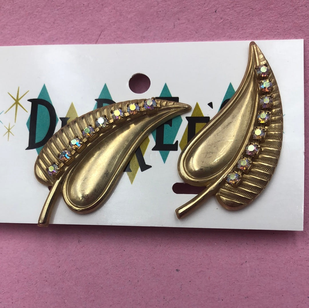 Gold leaf with Aurora Borealis Crystal clip on earring