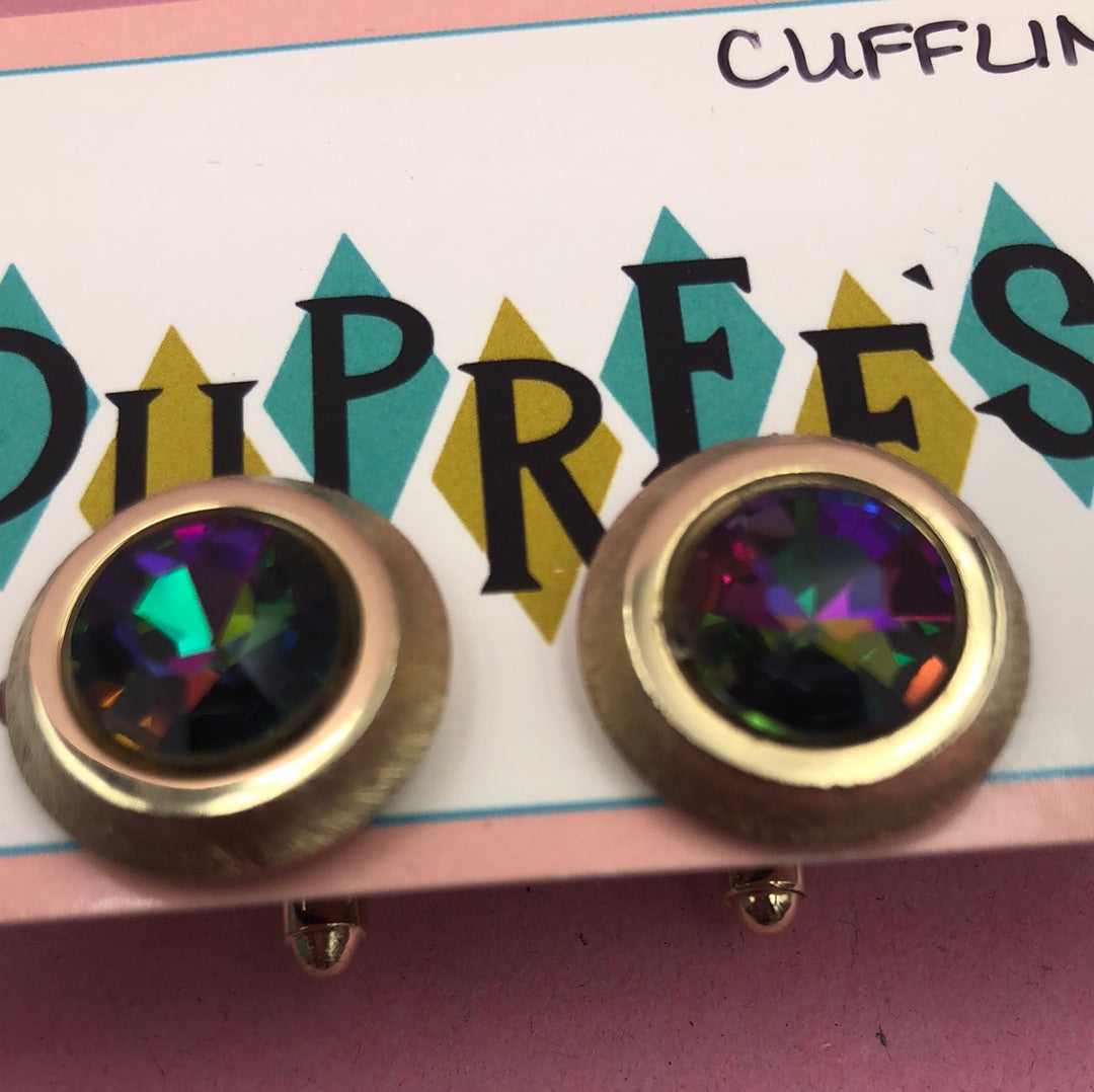 Round Gold cufflink with Purple Iridescent Gem Center