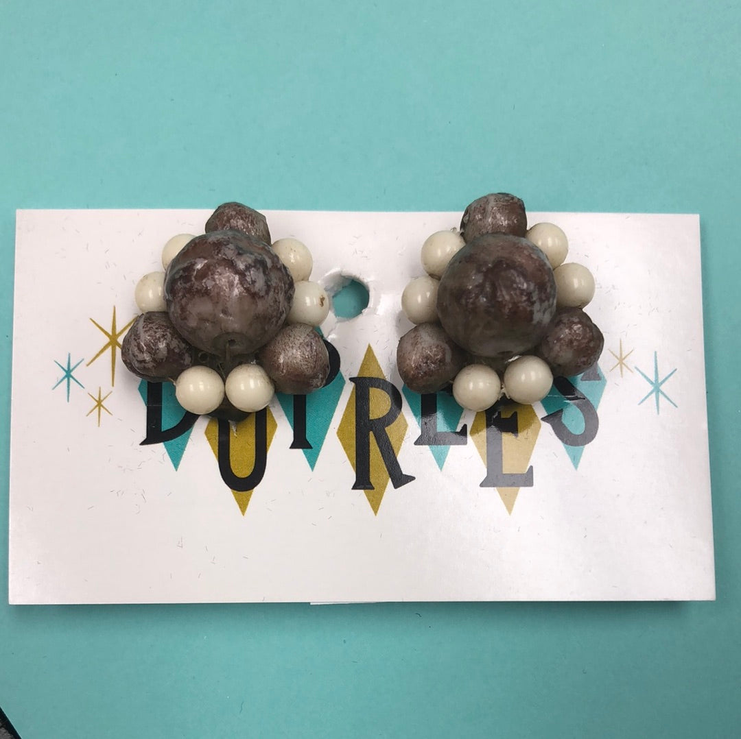 Brown and White Bead cluster clip on earring