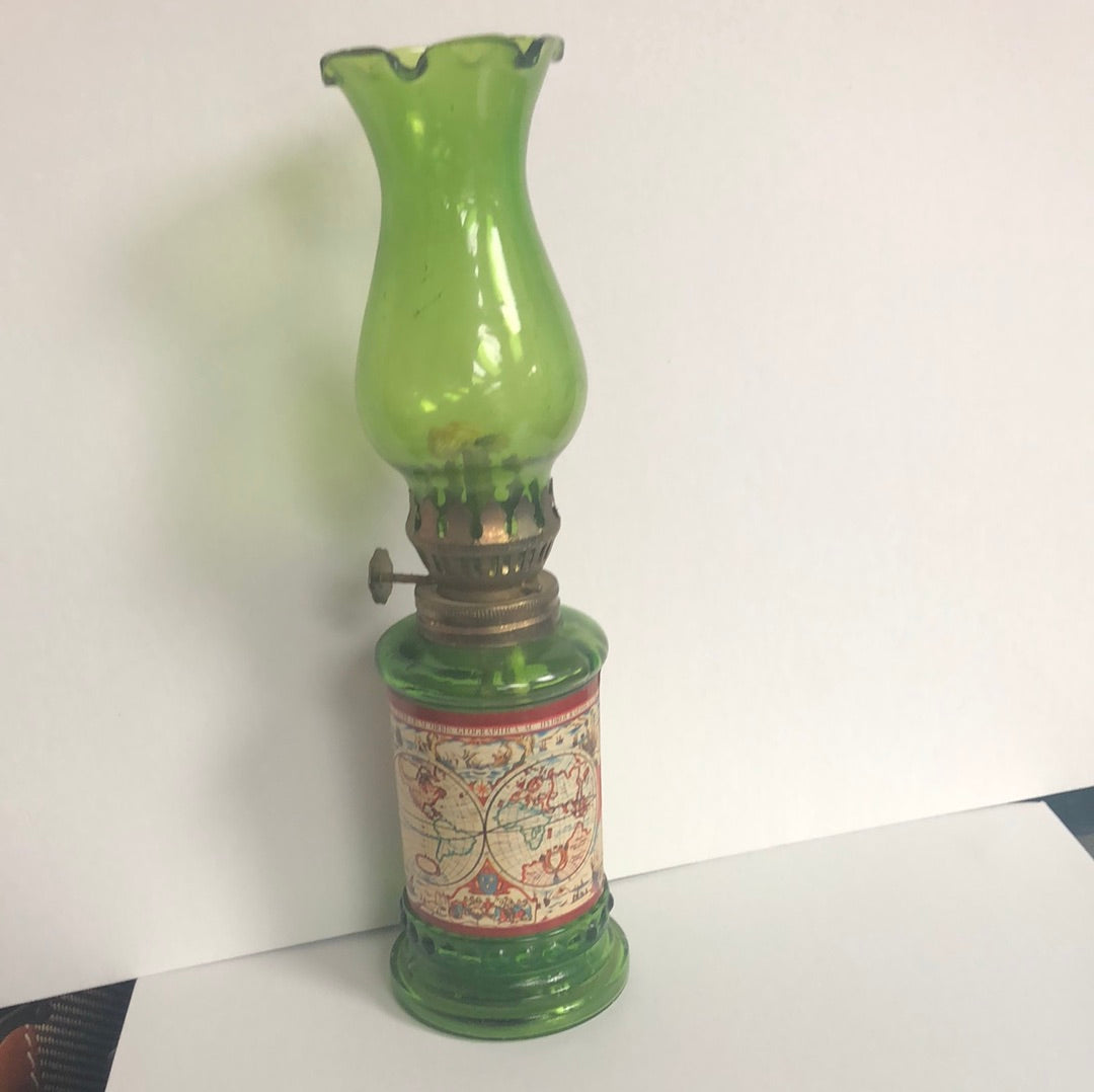 Green Glass Oil Lamp with World map