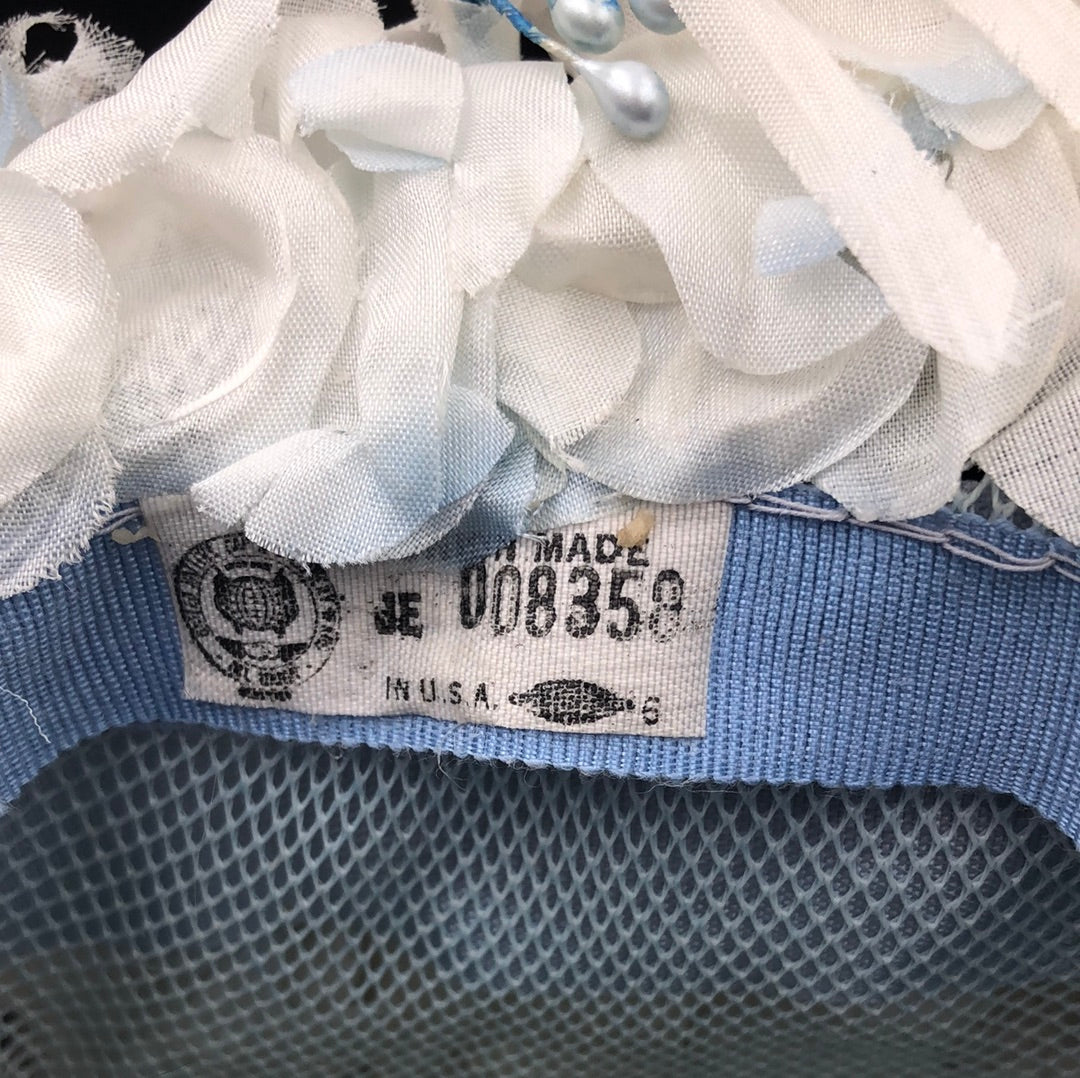 White floral bucket hat with Powder Blue Velvet Band