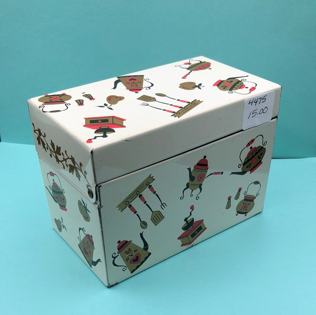 Recipe box with vintage kitchen utensils print