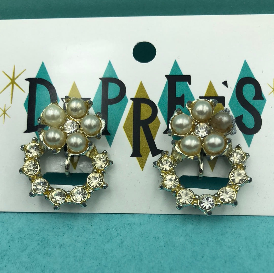 Pearl and Crystal flower with crystal circle drop clip on earrings