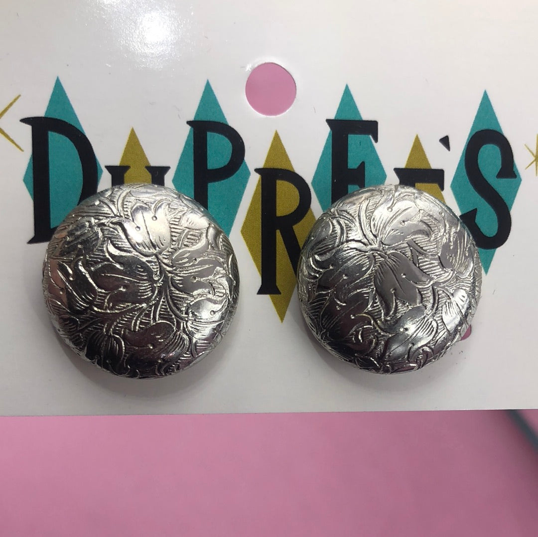 Silver  Round Button clip on earrings with embossed design