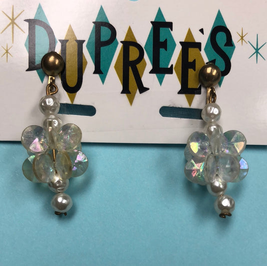 White faux pearl drops with Iridescent disc beads - Clip On