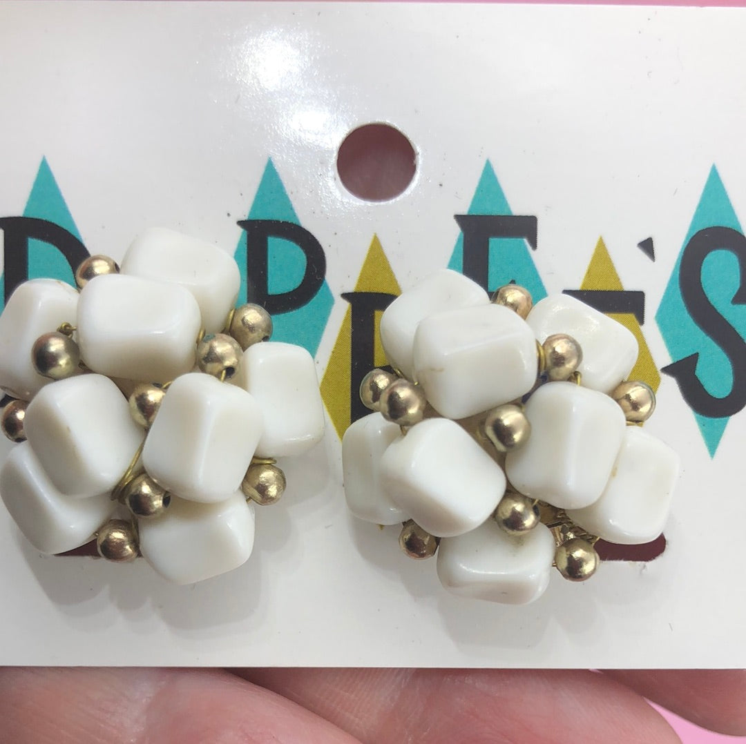 White bead cluster clip on with Gold Accent