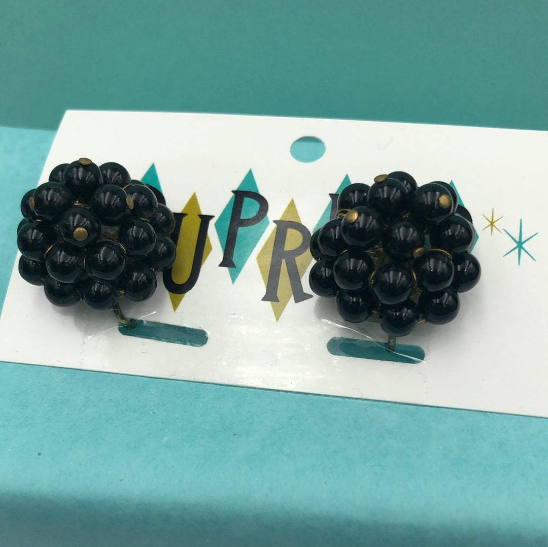 Black round bead cluster clip on earrings