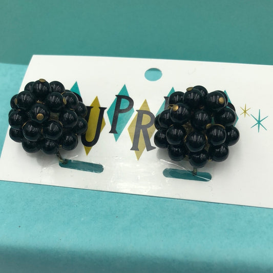 Black round bead cluster clip on earrings