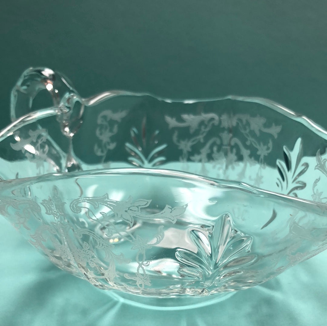 Etched glass triangular shaped dish with handle
