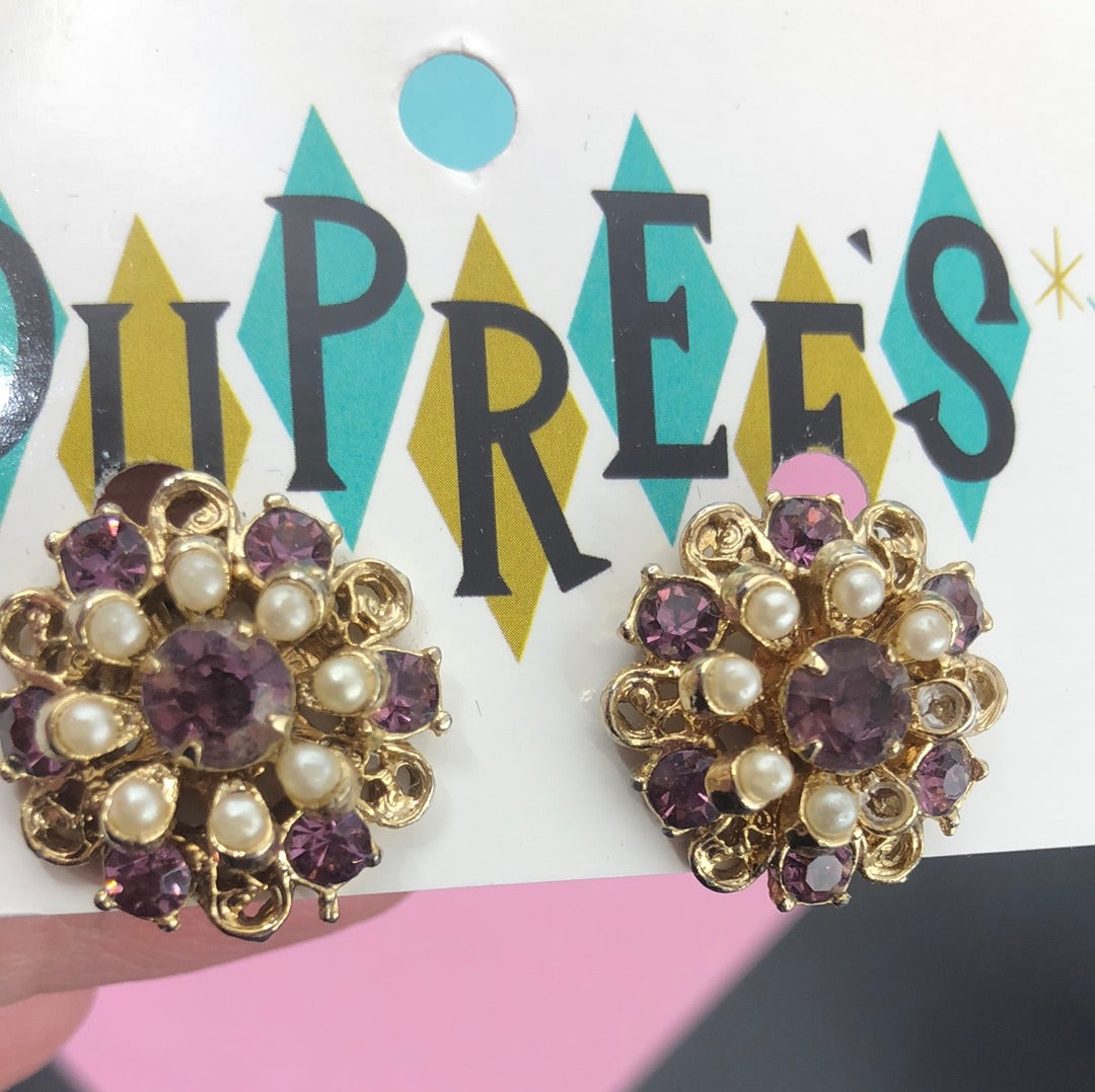 Purple rhinestone & pearl earrings clip on earring
