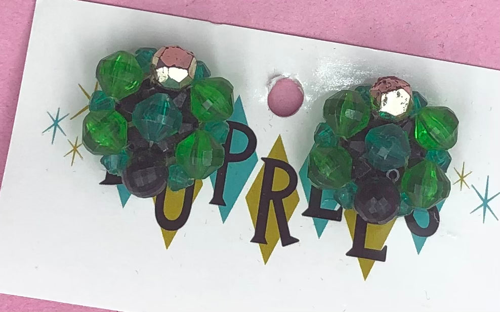 Green and Gold bead cluster clip on earrings