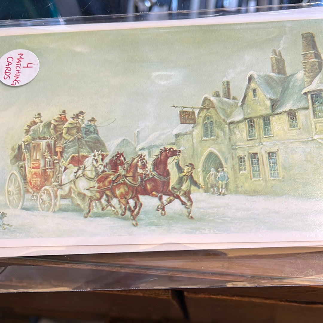 Winter horse drawn carriage scene holiday card 4 pack