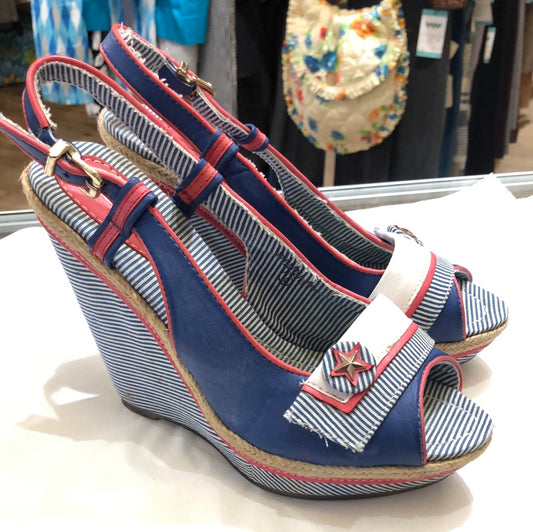 Nautical Red, White, and Blue Peep Toe Wedge