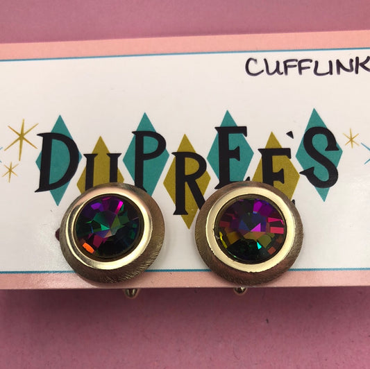 Round Gold cufflink with Purple Iridescent Gem Center