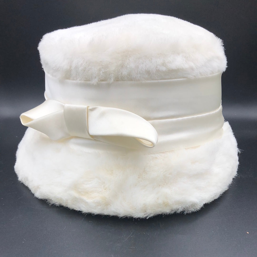 Ivory faux fur hat with Ivory satin headband and bow