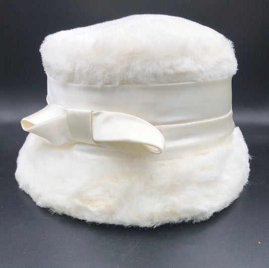 Ivory faux fur hat with Ivory satin headband and bow