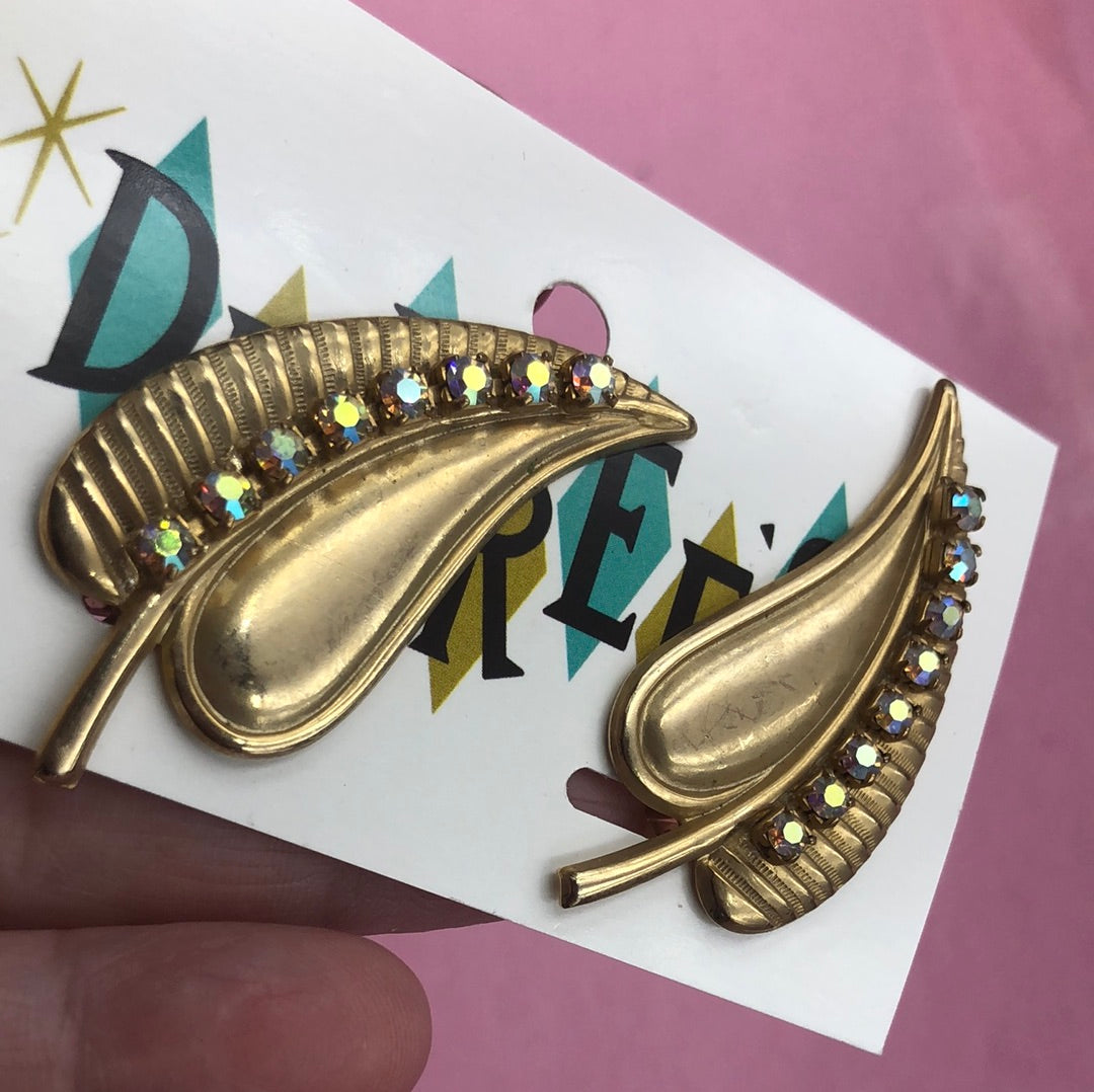 Gold leaf with Aurora Borealis Crystal clip on earring