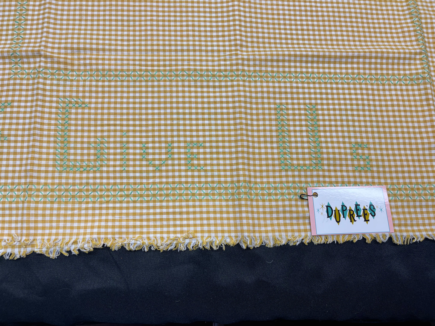 Yellow Gingham Tablecloth with Green Cross Stitch