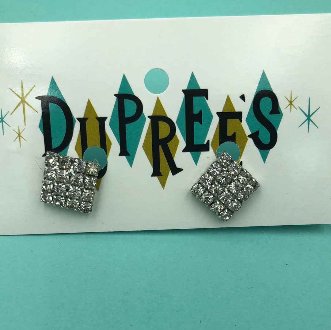 Small square clear crystal clip on earrings