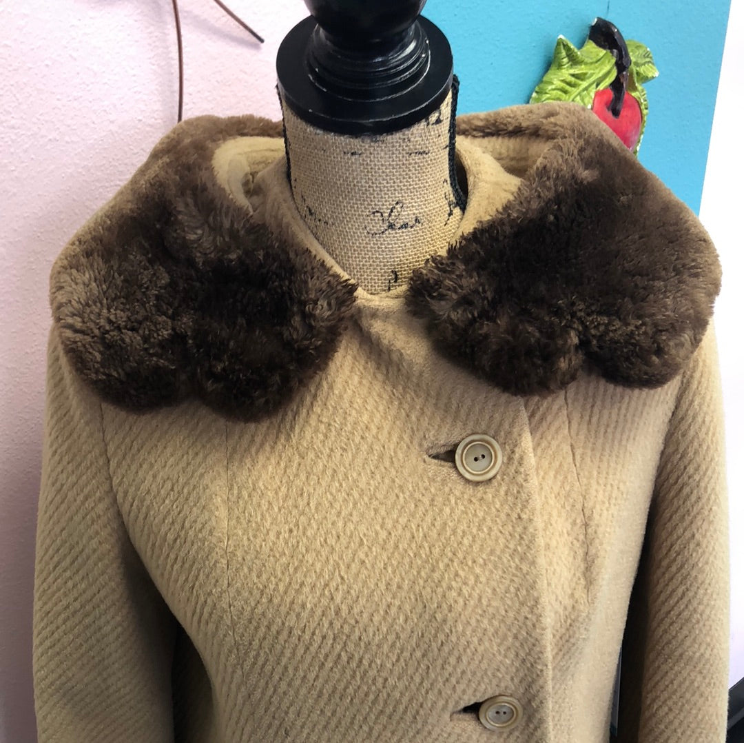 Camel colored coat with brown Faux Fur Collar
