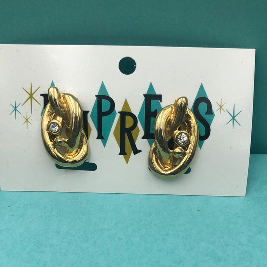 Gold Metal Knot with Round Crystal clip on earrings