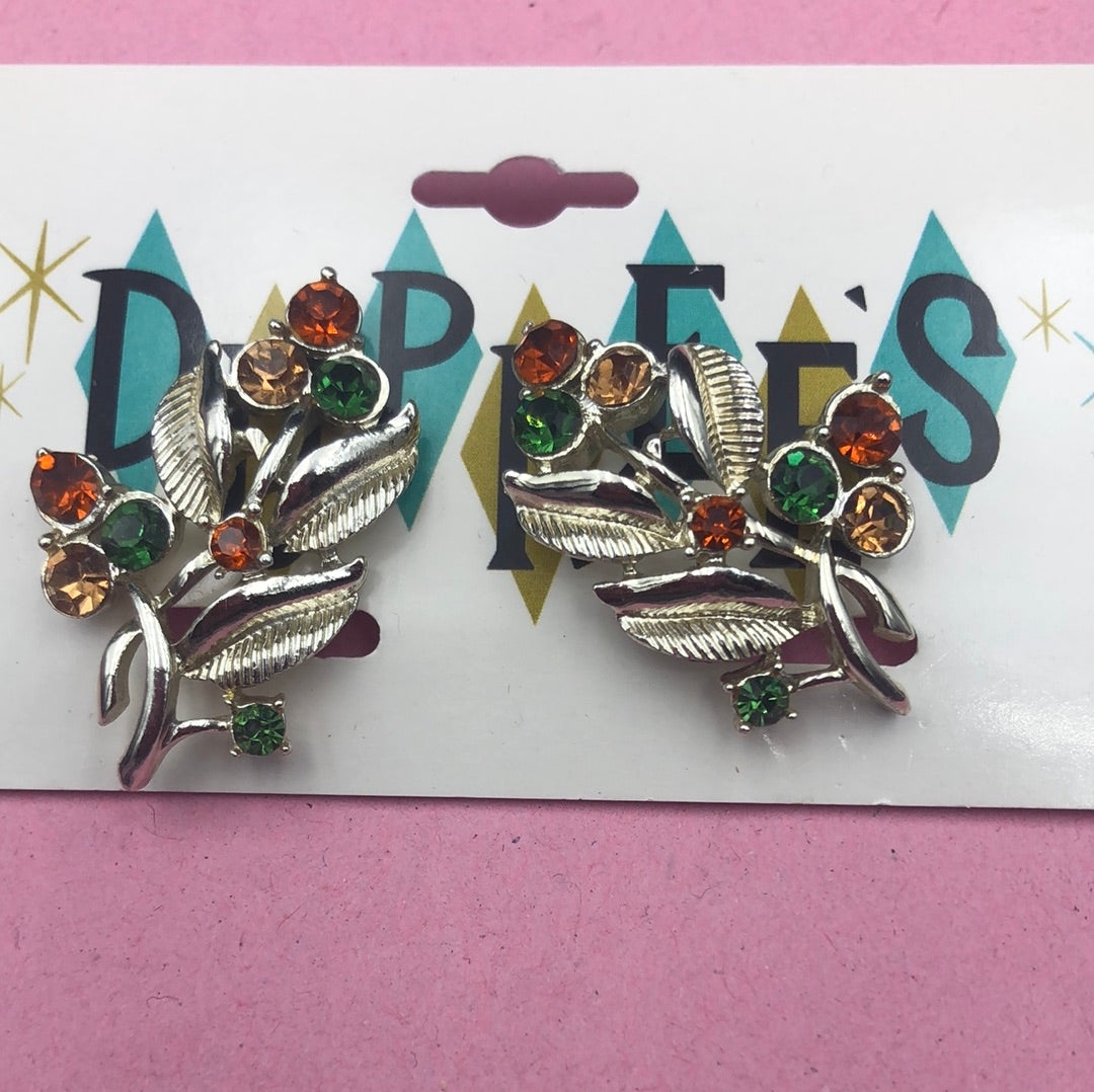 Silver  Leaf clip back earring with Crystal detail