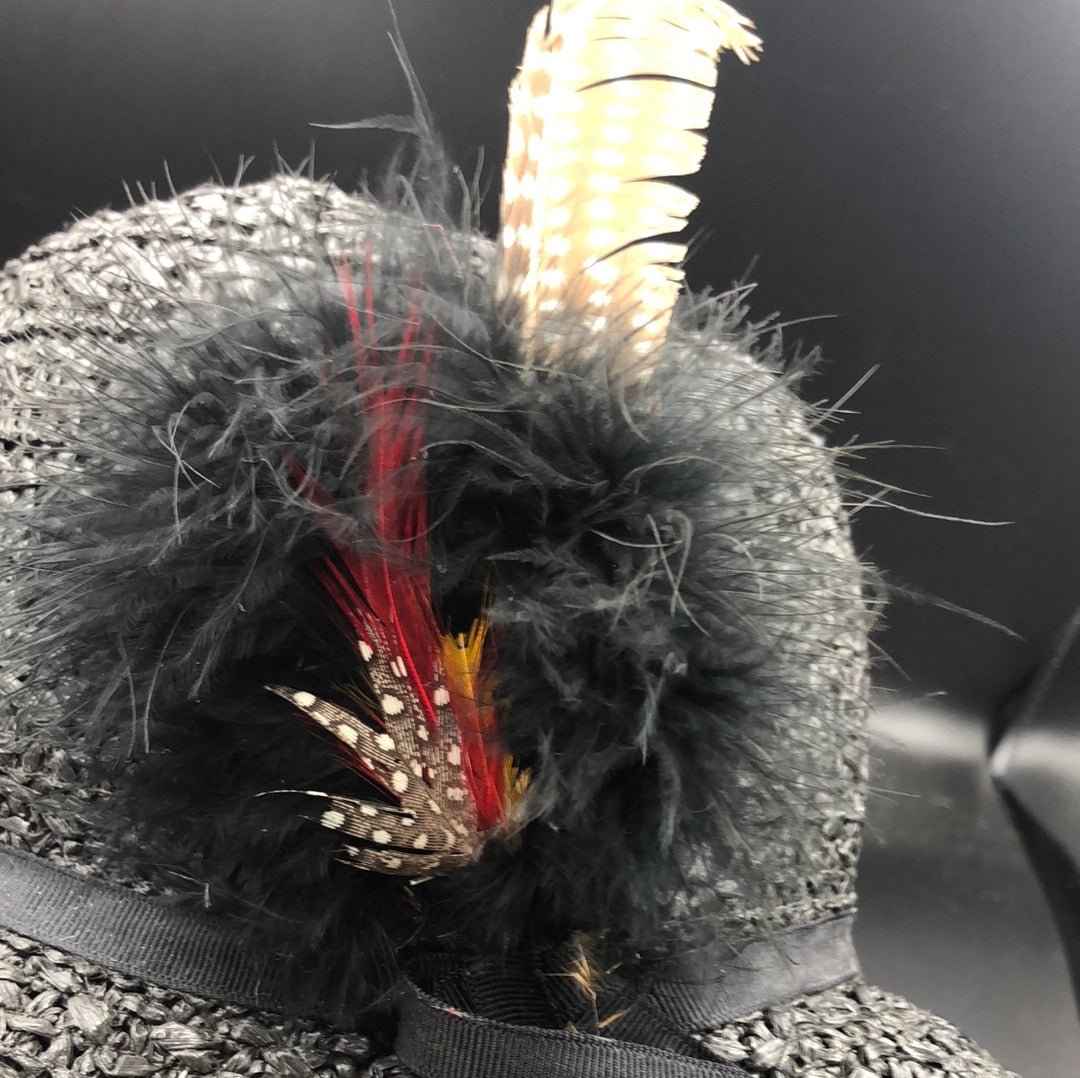 Black Woven Hat with Feather Detail
