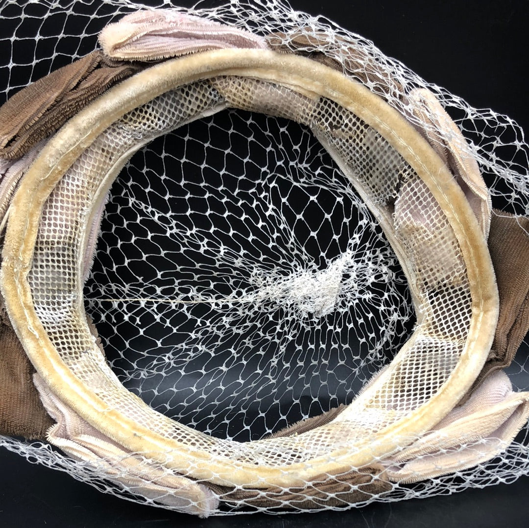 Taupe and Light Brown velvet hat with a beige net