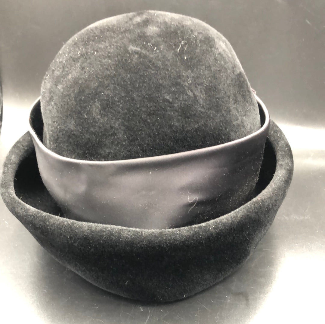 Black velvet hat with upturned brim and wide Black satin band