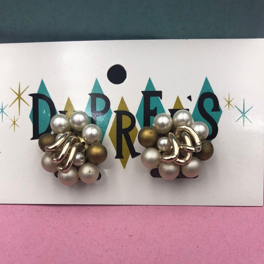 Gold and White bead cluster clip on earrings