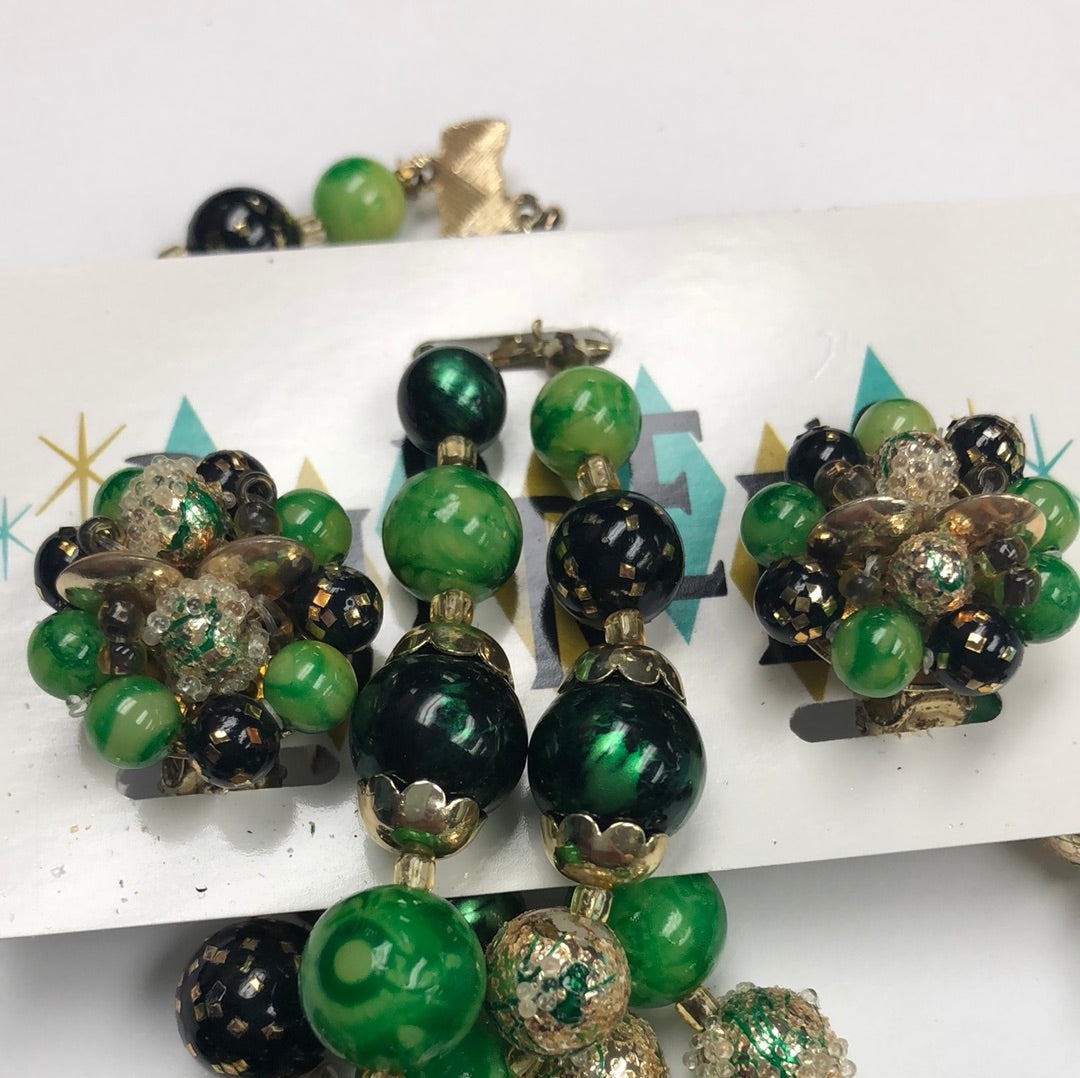 Double strand Gold and Green Bead Necklace with Clip on Earrings to match