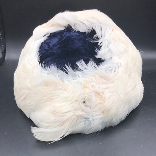 Blue velvet hat with White feather edge