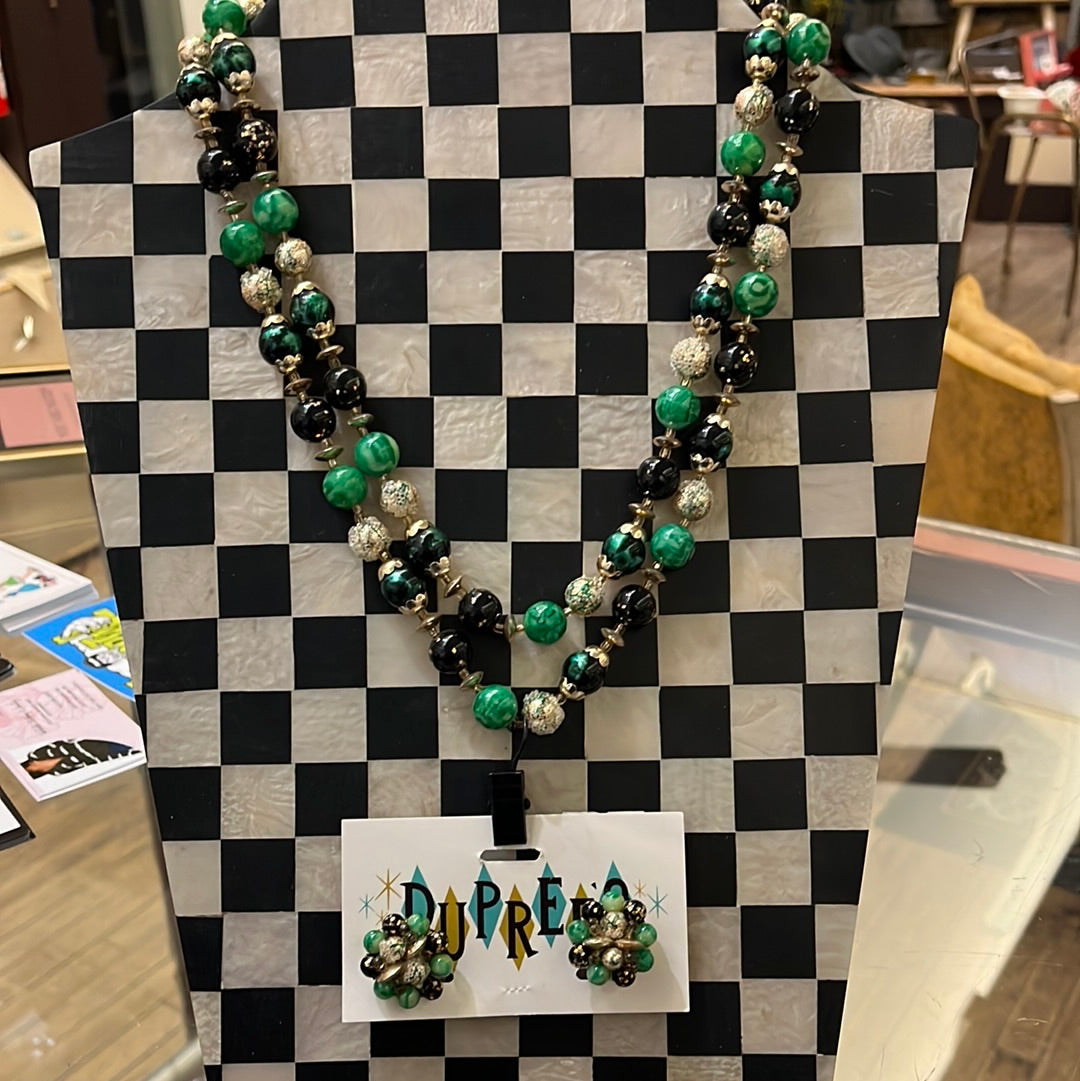 Double strand Gold and Green Bead Necklace with Clip on Earrings to match