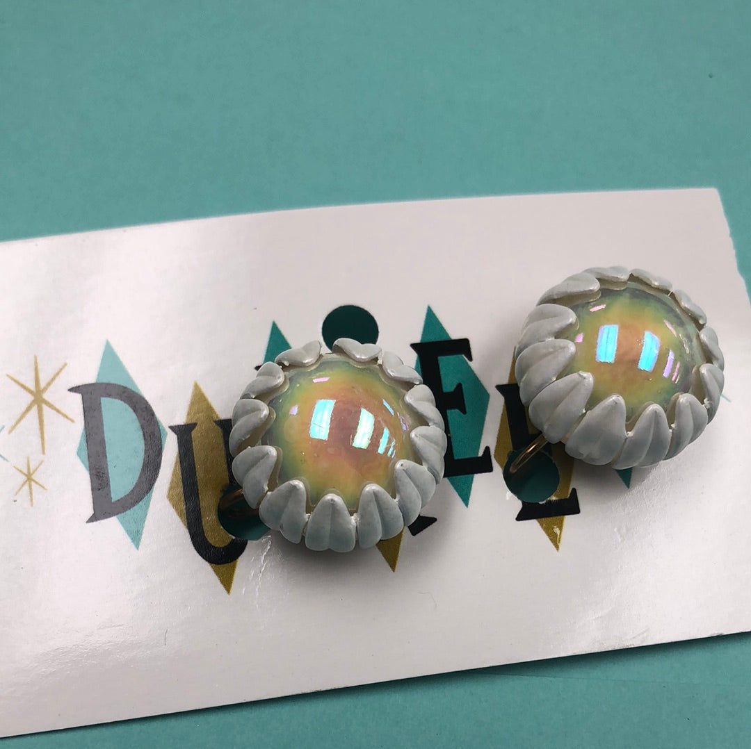 Round Aurora Borealis stone with white petal clip back earrings