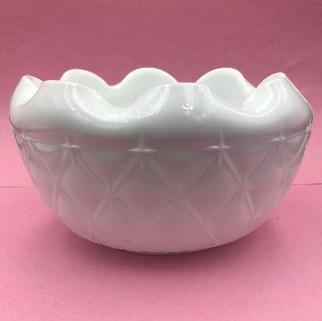 White Milk Glass Bowl with Scallop Edge and Diamond Pattern