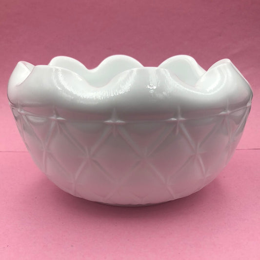 White Milk Glass Bowl with Scallop Edge and Diamond Pattern
