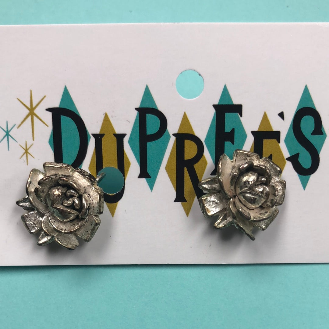 Silver 3 D Rose with Clip Back earrings