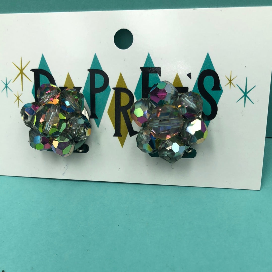 Dark Silver and Aurora Borealis clip on bead cluster earrings