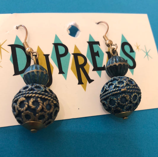 Blue Metal orb dangle pierced earrings