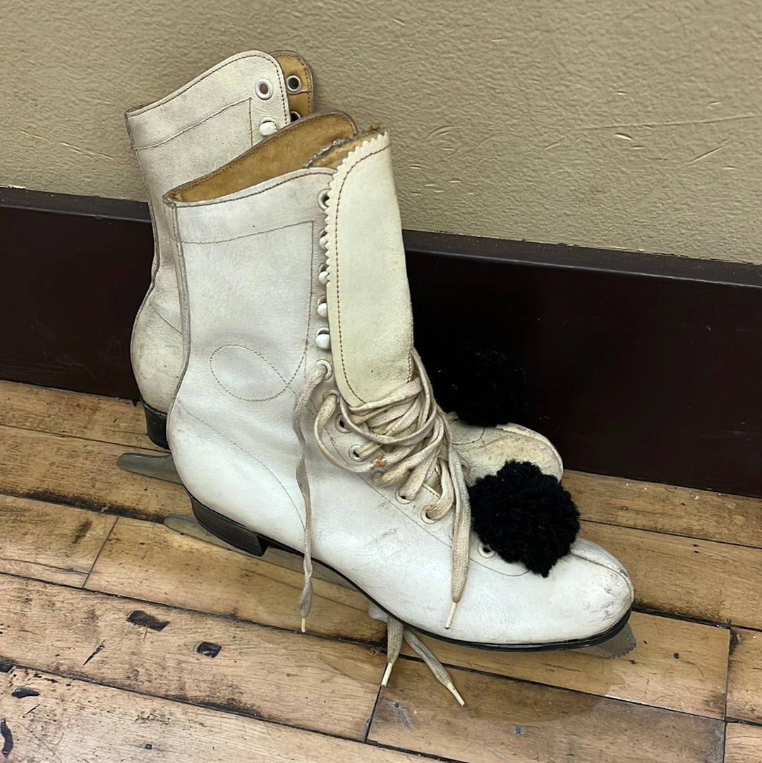 White Ladies Ice Skates with black Pom Pom