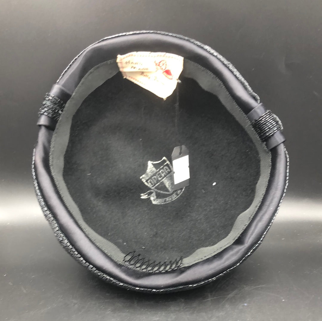 Black velvet hat with Black satin band and bugle bead trim