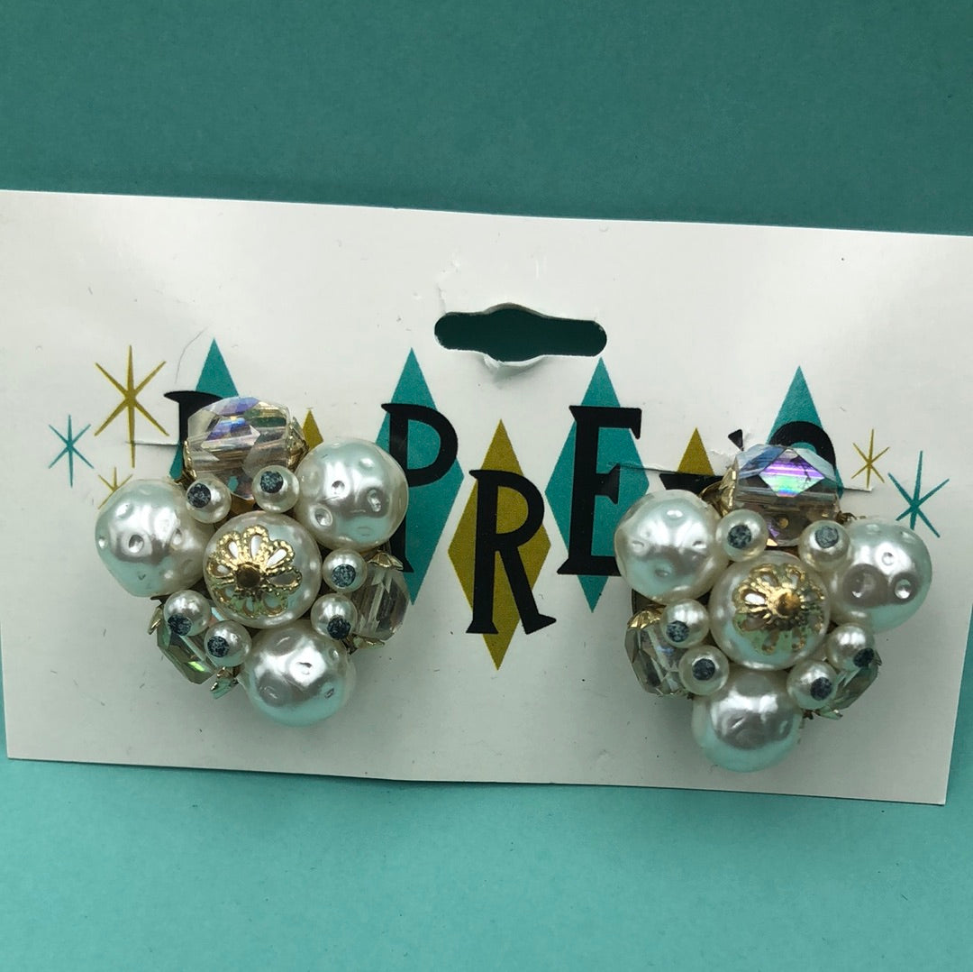 Pearl and Crystal bead cluster clip on earrings