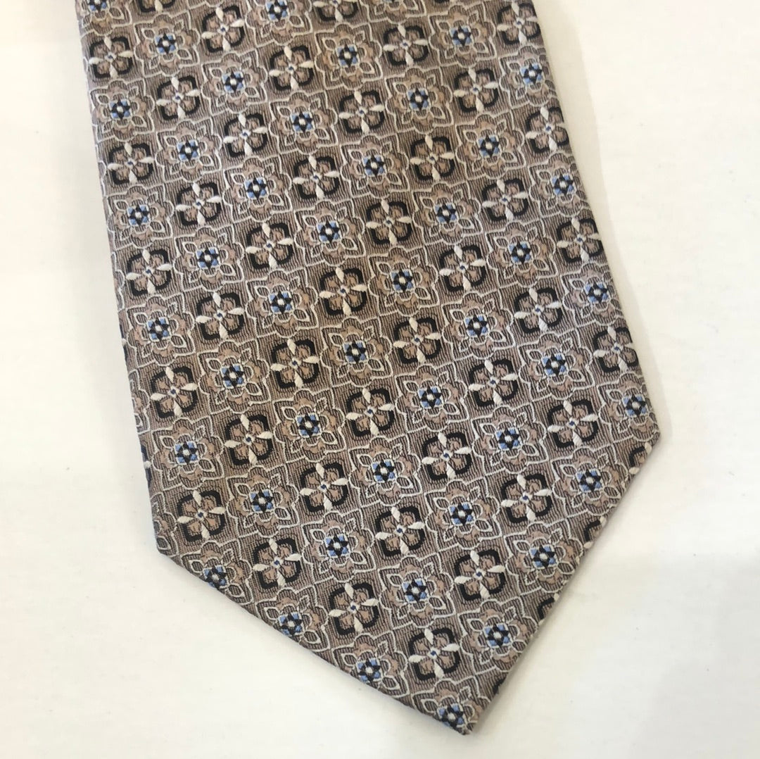 Taupe it with black, white and blue design