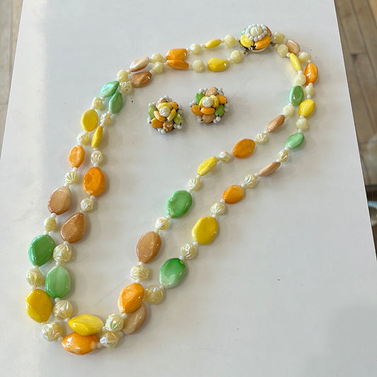 Double strand necklace and Clip Earrings