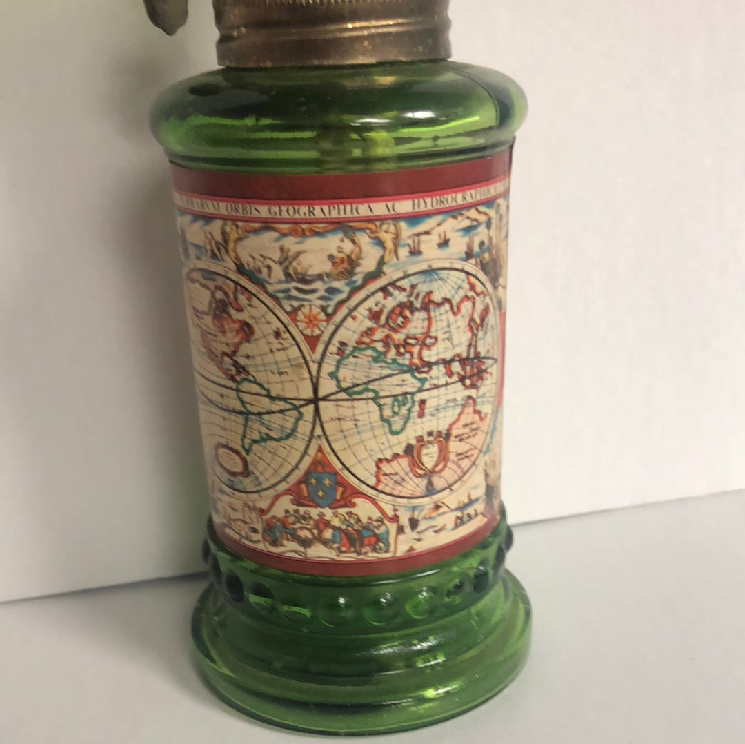 Green Glass Oil Lamp with World map