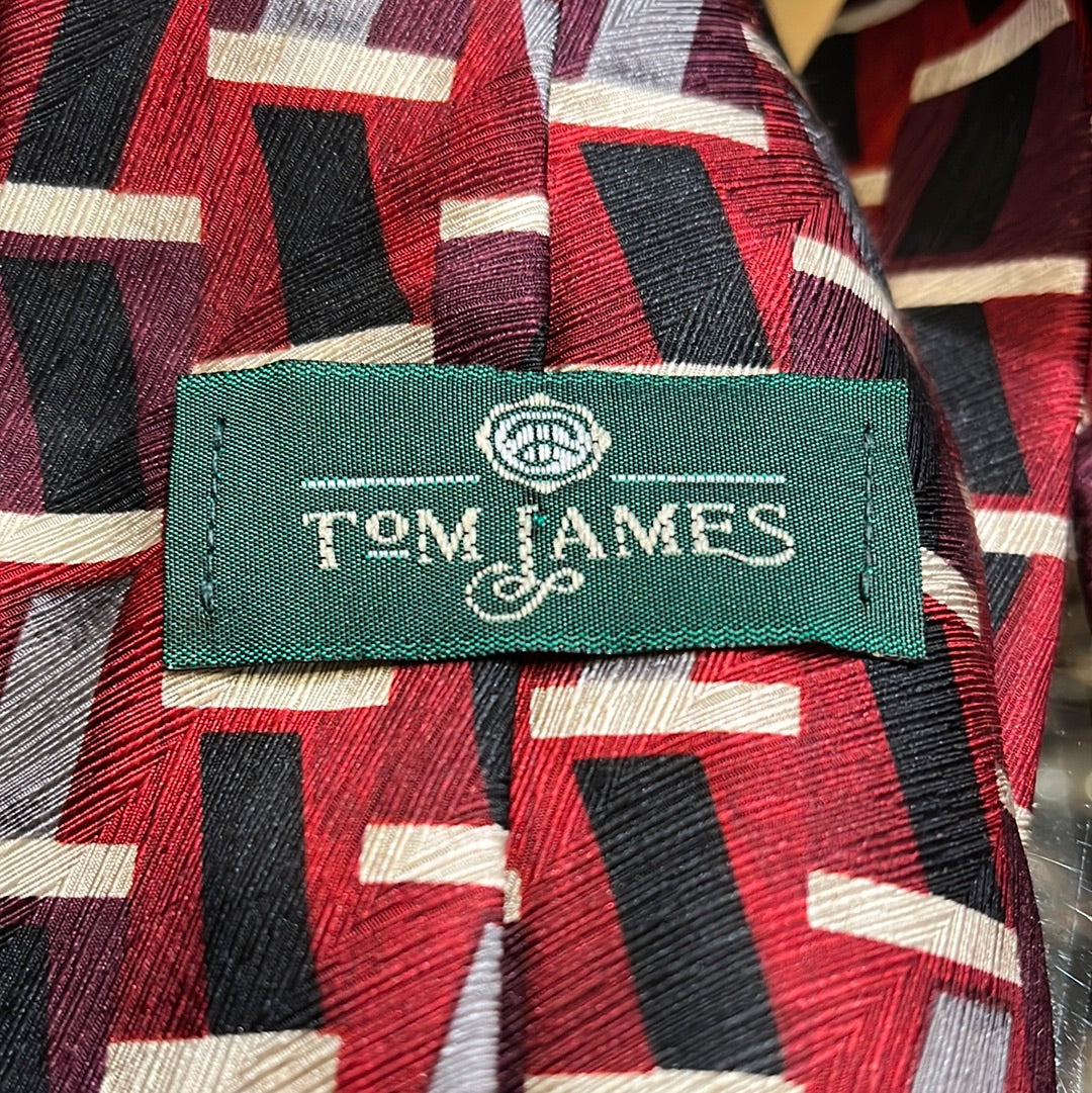 Maroon tie with black and grey graphic design